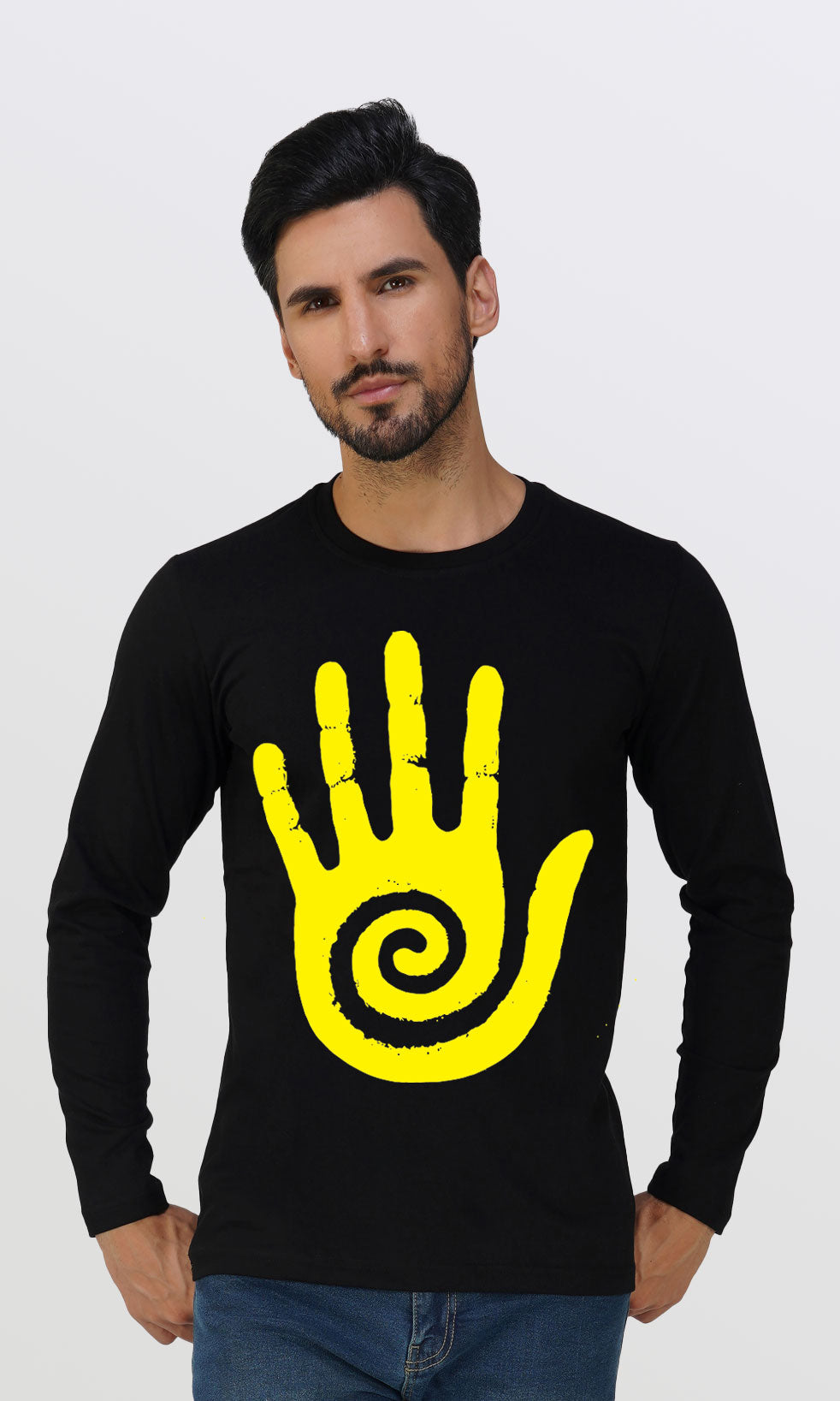 Mebadass Men's Fullsleeve Hand Ring Printed T-shirt - Black