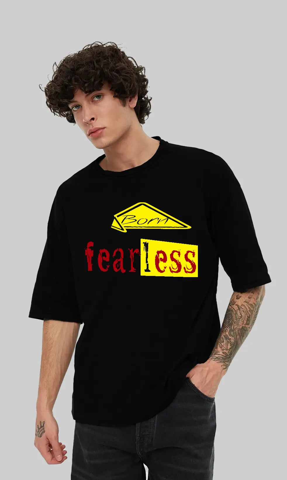 Men's Be Fearless & Rebellious Graphic Printed Oversized T-shirt - Black