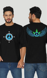 Men's Samurai Peace Wings Printed Oversized T-shirt - Black