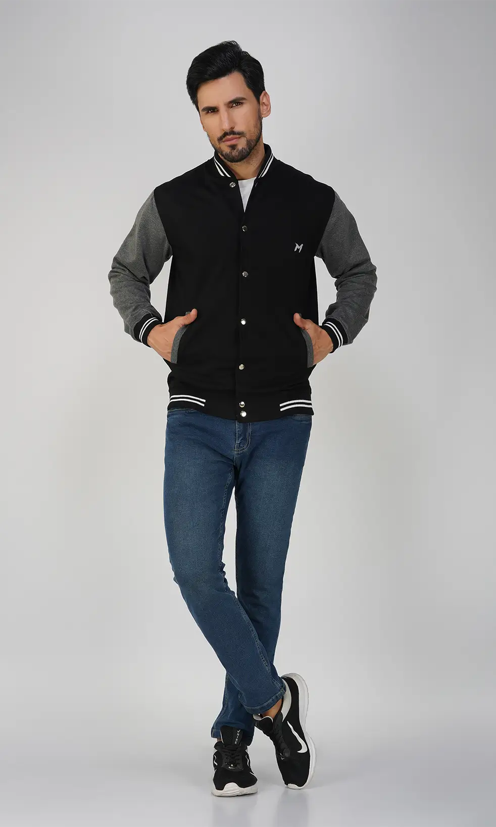 Mebadass Cotton Men's Varsity Winterwear Jacket - Black & Grey