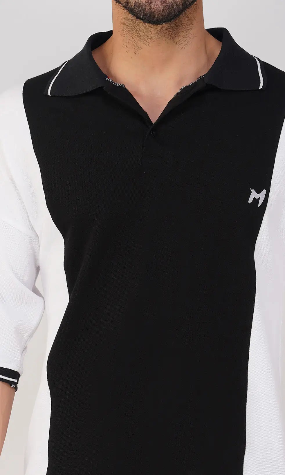 Mebadass Cotton Men's Colorblocked Oversized Collar T-shirt - White & Black