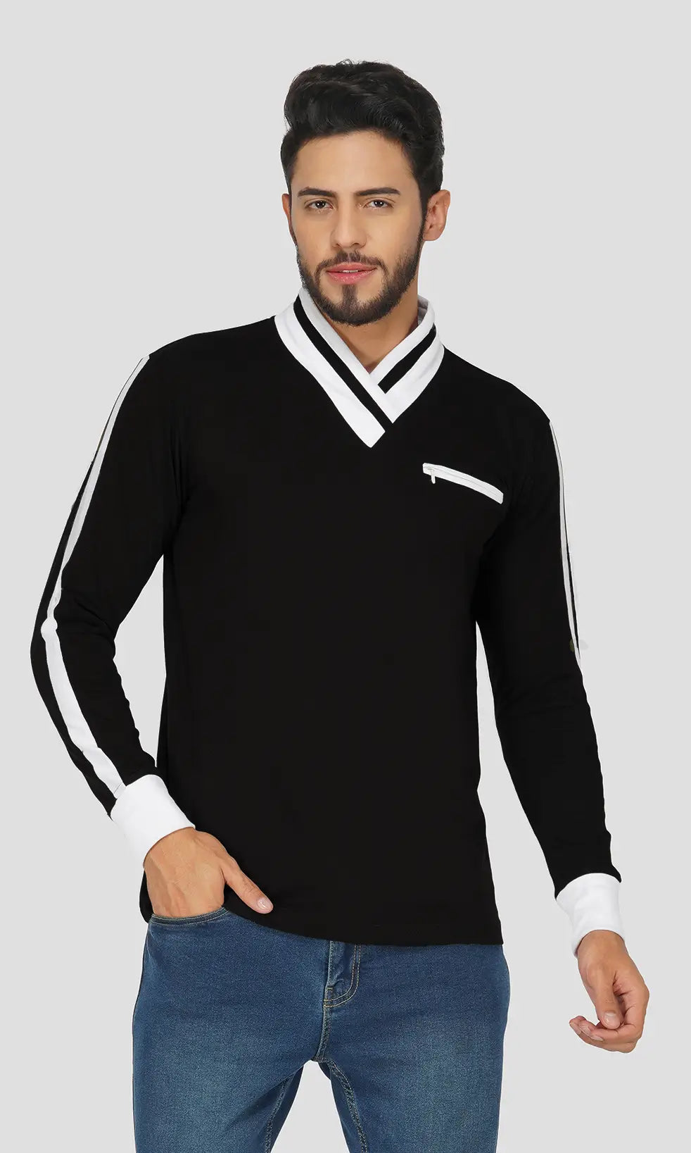 Mebadass Men's Fullsleeve Colorblocked Regular Size T-shirt - Black White