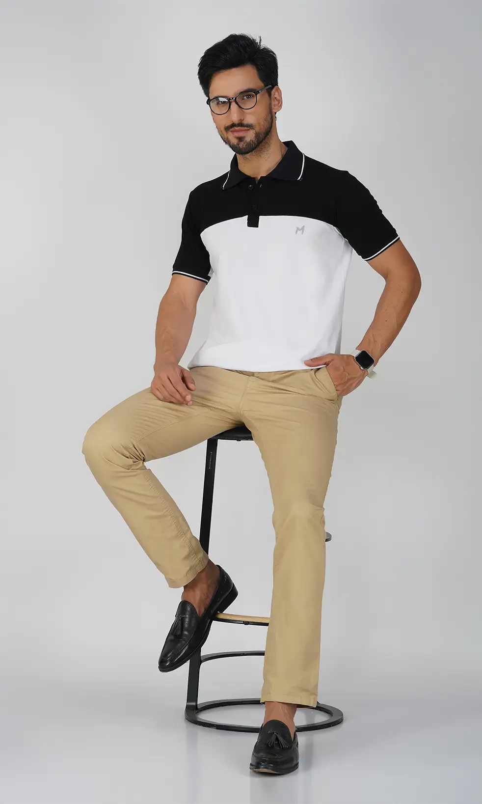 Mebadass Cotton Men's Colorblocked Polo Collar T-shirt - White & Black
