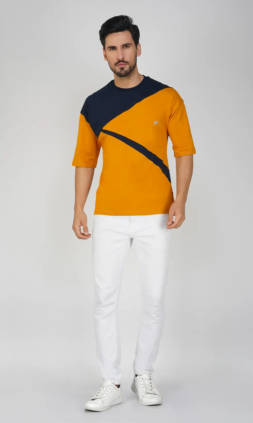 Mebadass Men's ColorBlocked OverSized Cotton T-shirts - Mustard & Navy
