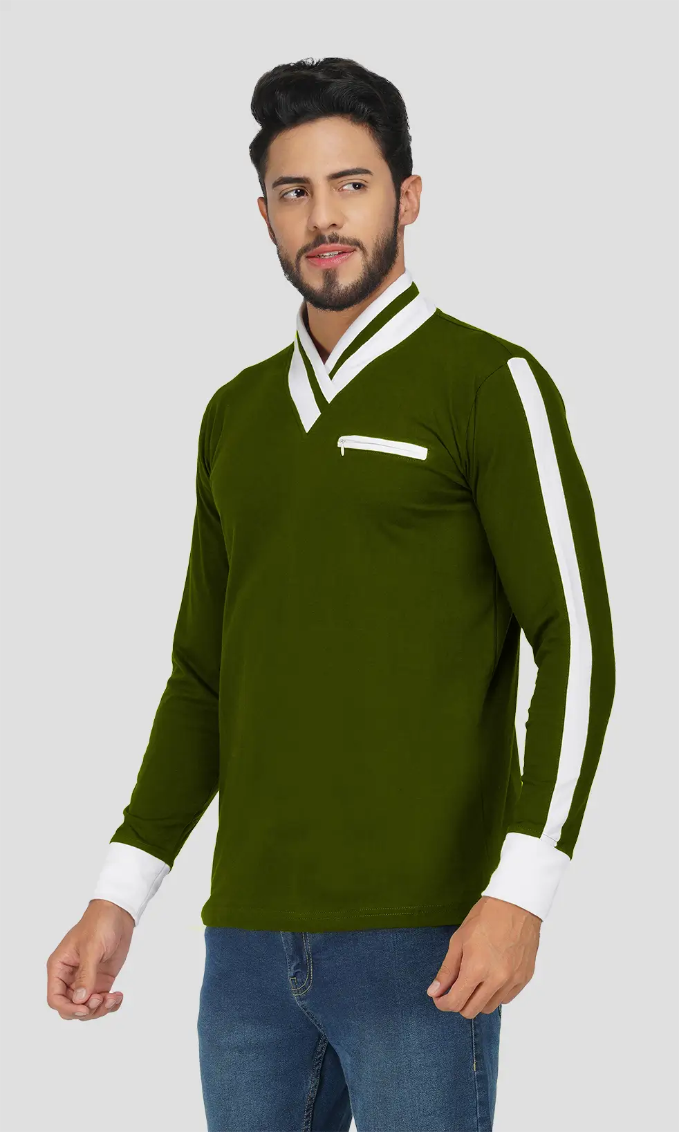 Mebadass Men's Fullsleeve Colorblocked Regular Size T-shirt - Olive White