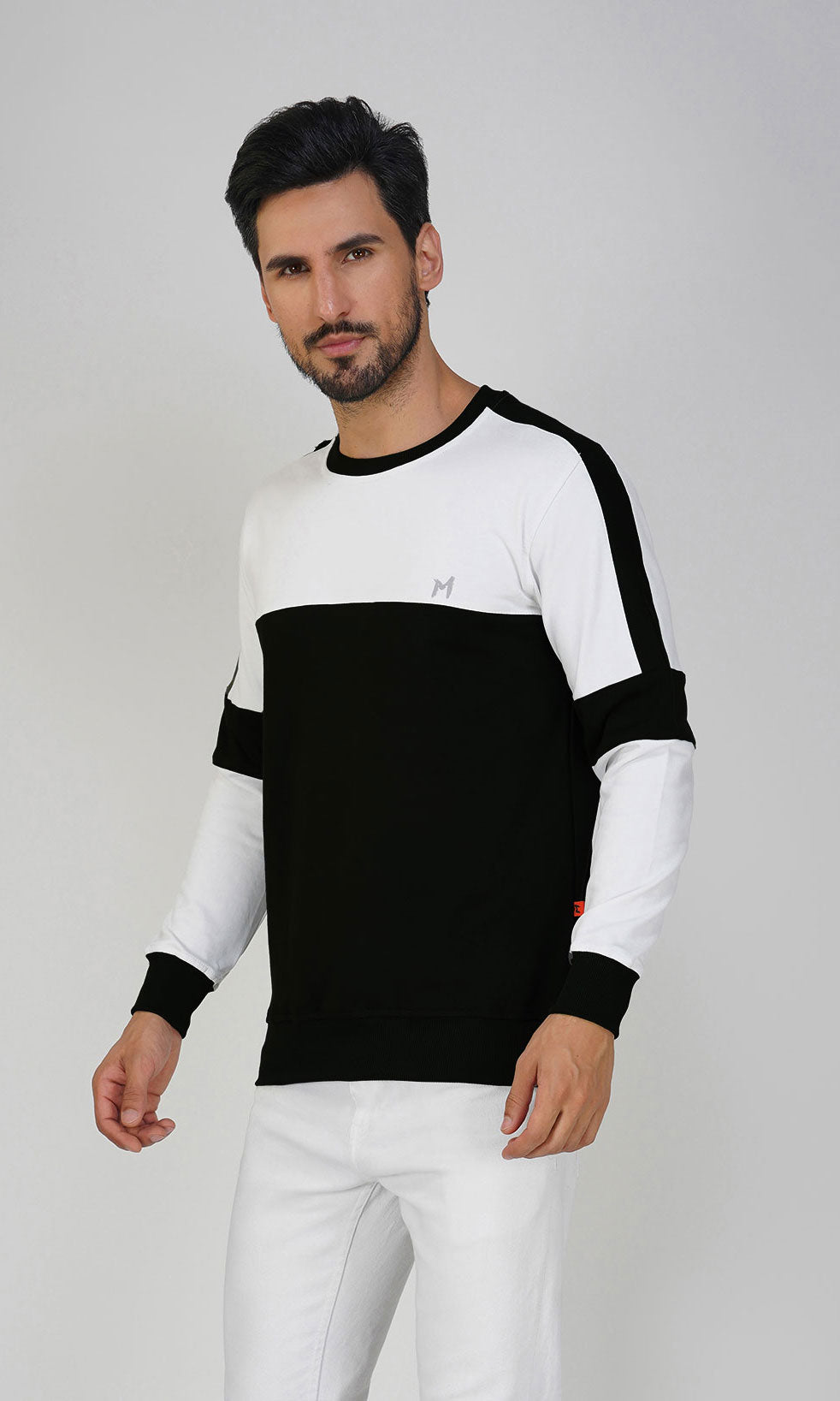 Mebadass Cotton Men's Winterwear ColorBlocked Sweatshirt - White Black Arm