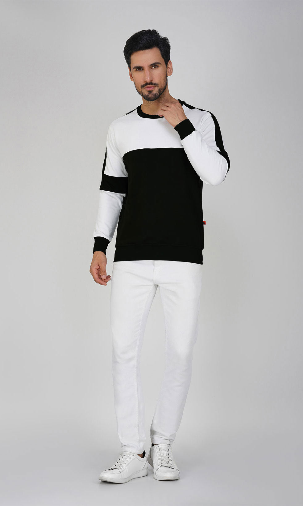 Mebadass Cotton Men's Winterwear ColorBlocked Sweatshirt - White Black Arm
