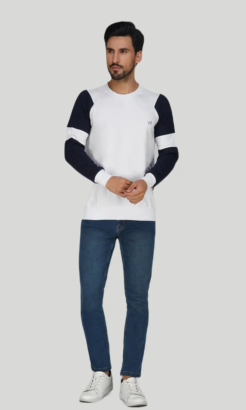 Mebadass Cotton Men's Winterwear ColorBlocked Sweatshirt - White Navy Arm