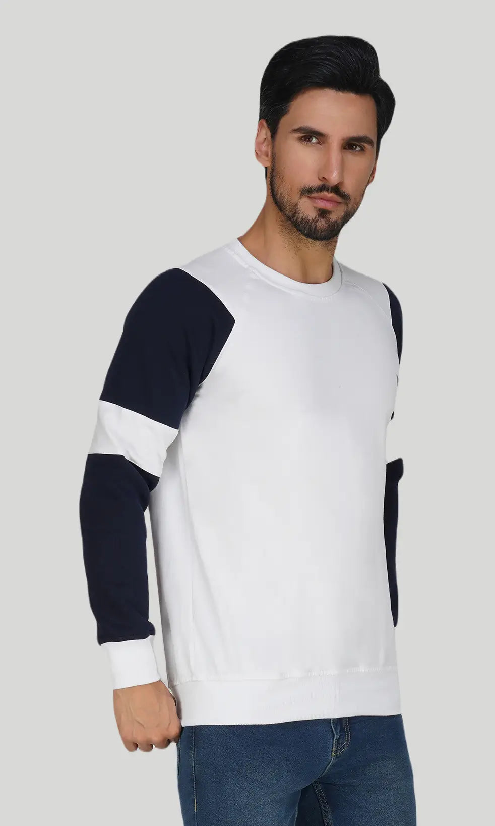 Mebadass Cotton Men's Winterwear ColorBlocked Sweatshirt - White Navy Arm