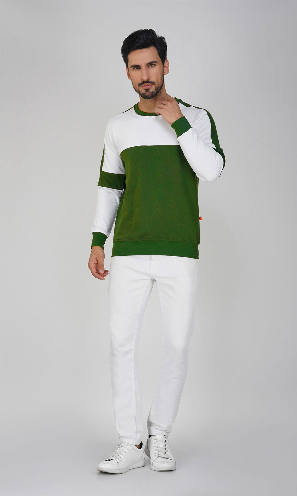 Mebadass Cotton Men's Winterwear ColorBlocked Sweatshirt - White Olive Arm