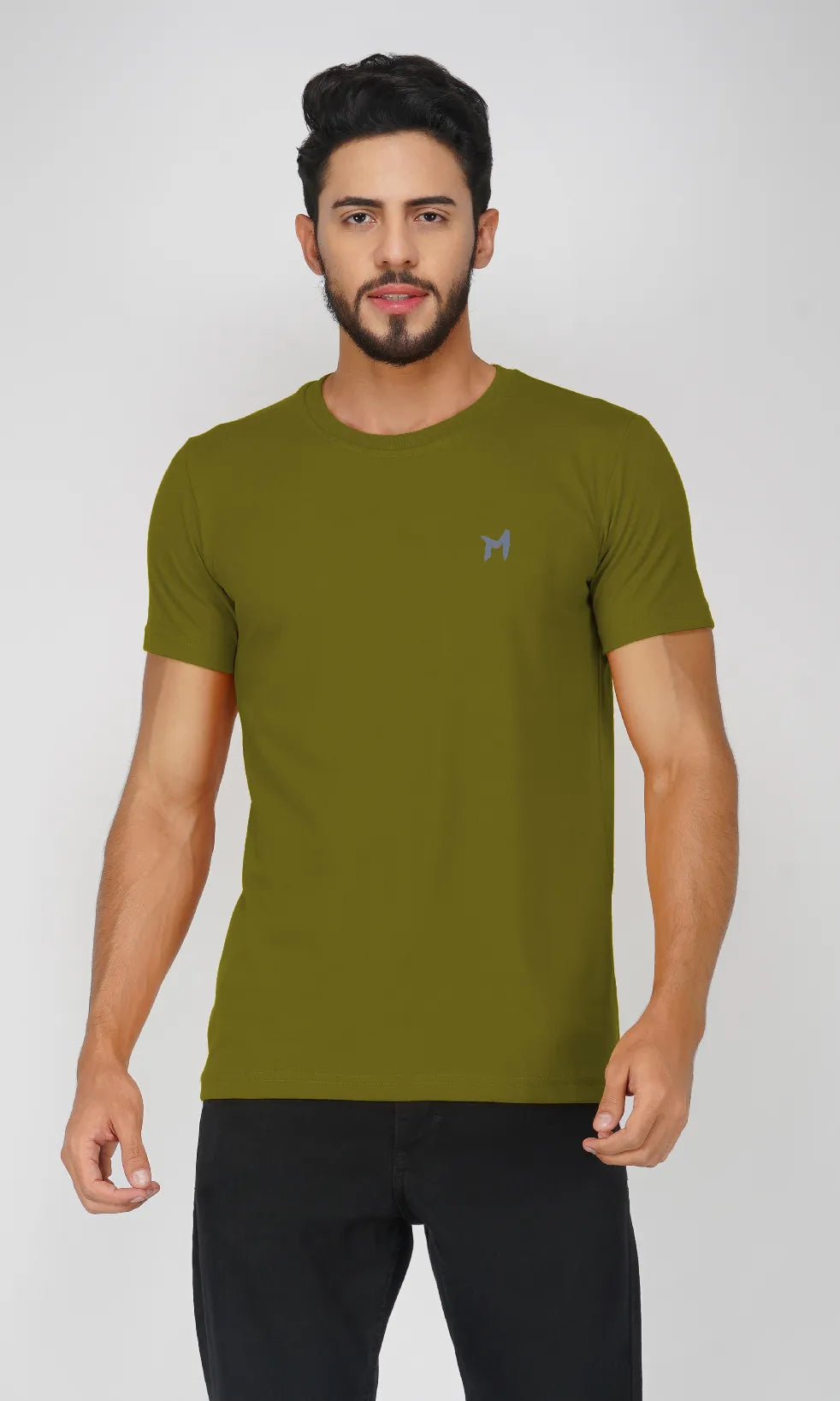 Mebadass Cotton Mens Basic Solid Halfsleeves T-shirts - Olive Green
