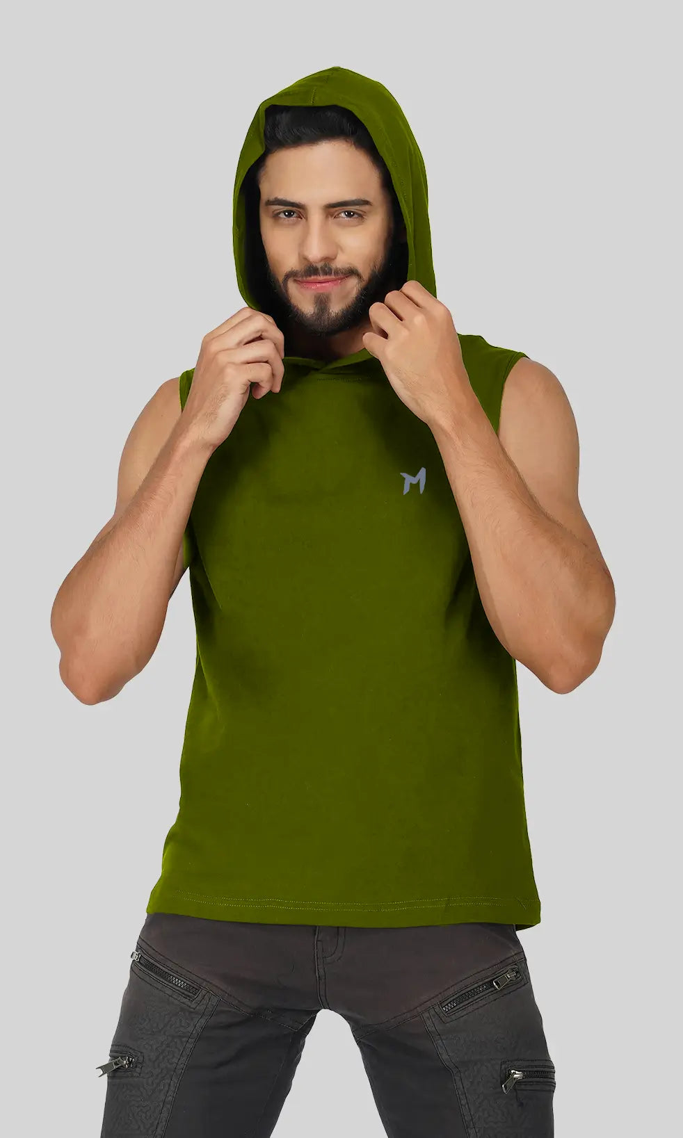 Mebadass Cotton Men's Sleeveless Vest with Hood- Olive Green
