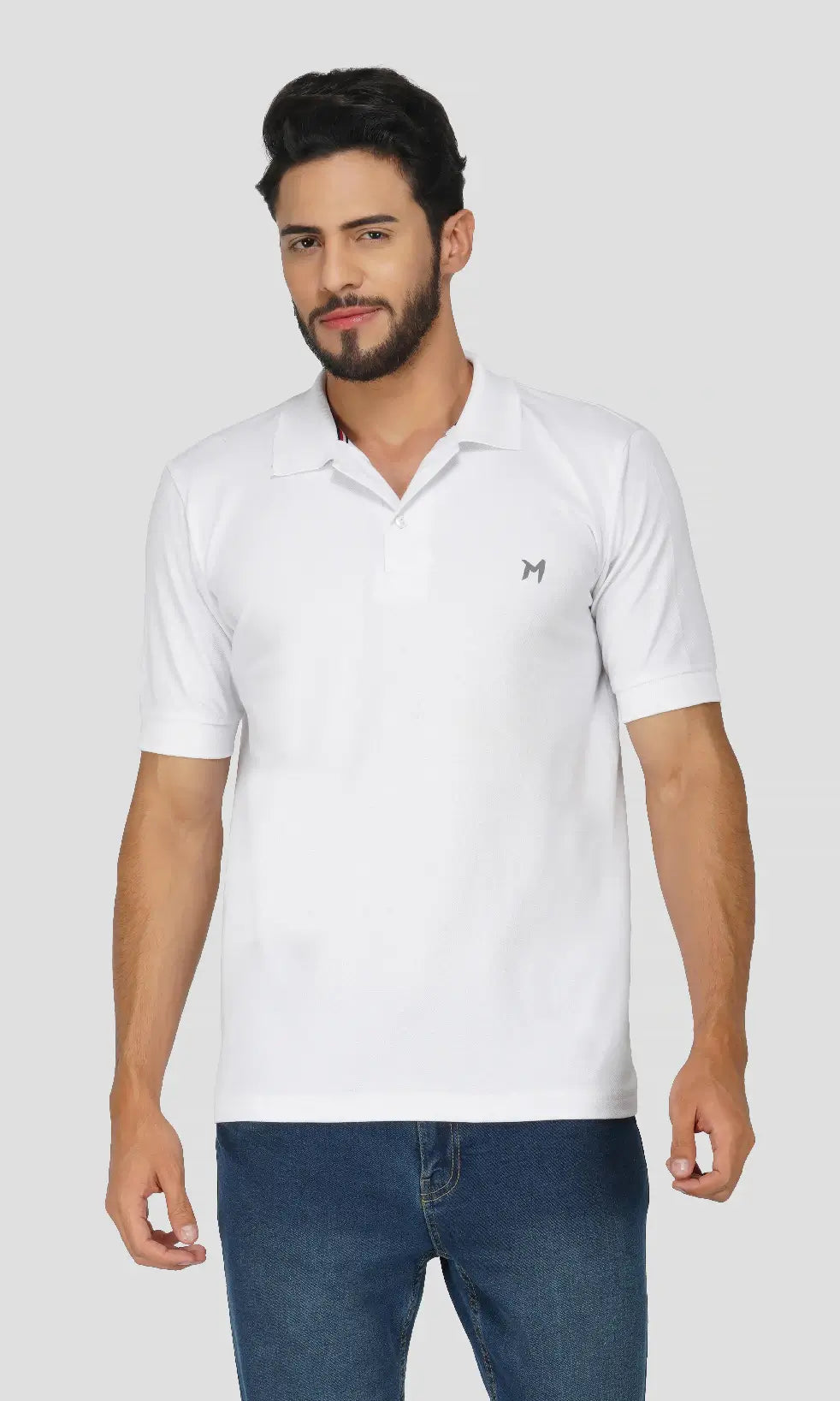 Mebadass Cotton Men's Plain Polo Neck Collar T-shirt - White